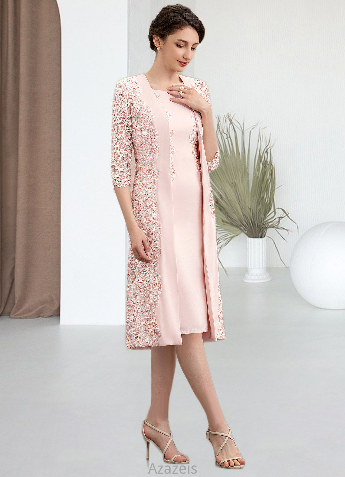 Melody Sheath/Column Scoop Neck Knee-Length Lace Stretch Crepe Mother of the Bride Dress DF126P0014843