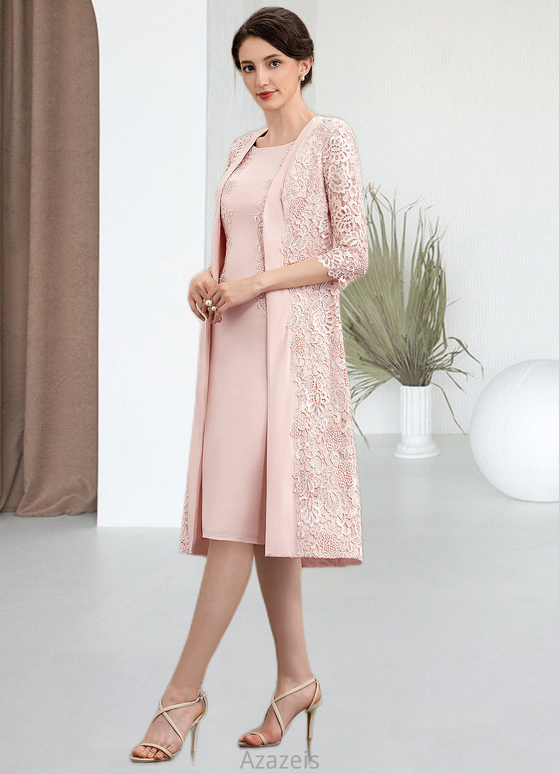 Melody Sheath/Column Scoop Neck Knee-Length Lace Stretch Crepe Mother of the Bride Dress DF126P0014843