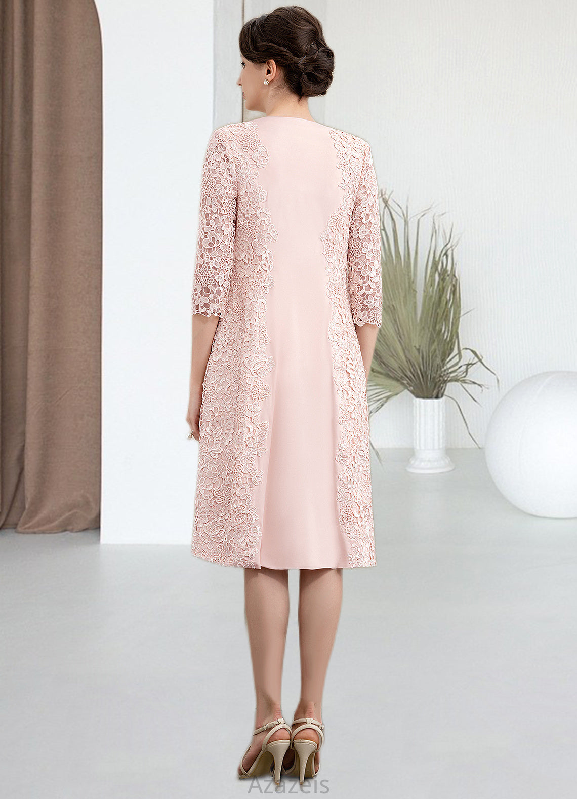 Melody Sheath/Column Scoop Neck Knee-Length Lace Stretch Crepe Mother of the Bride Dress DF126P0014843