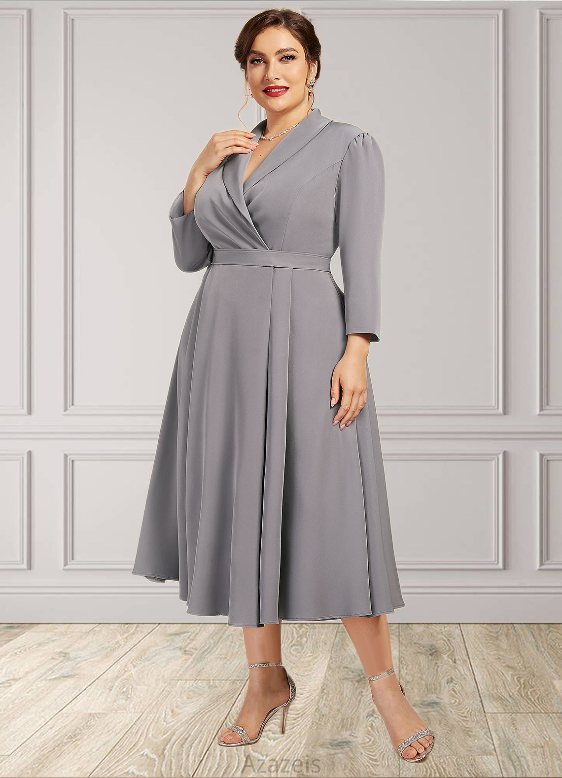 Gina A-Line V-neck Tea-Length Stretch Crepe Mother of the Bride Dress DF126P0014844