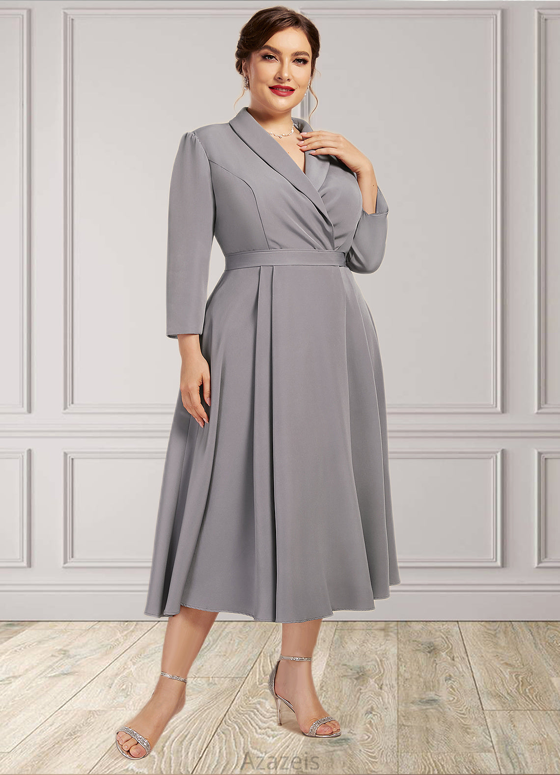 Gina A-Line V-neck Tea-Length Stretch Crepe Mother of the Bride Dress DF126P0014844