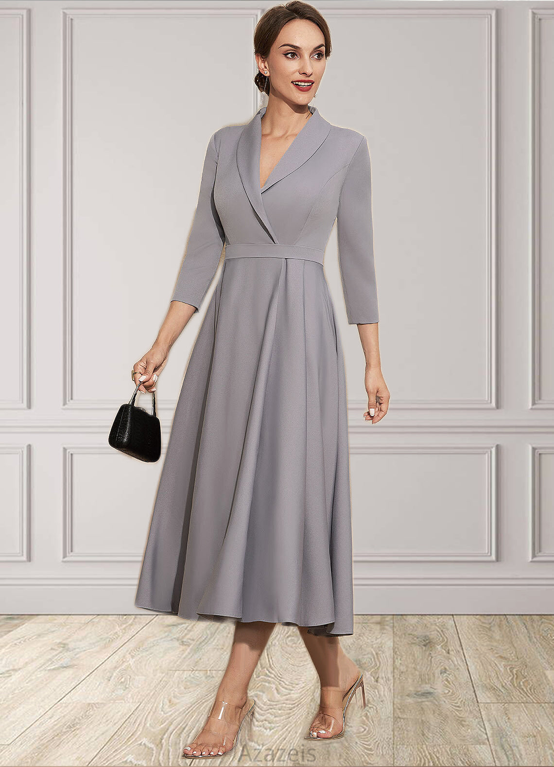 Gina A-Line V-neck Tea-Length Stretch Crepe Mother of the Bride Dress DF126P0014844