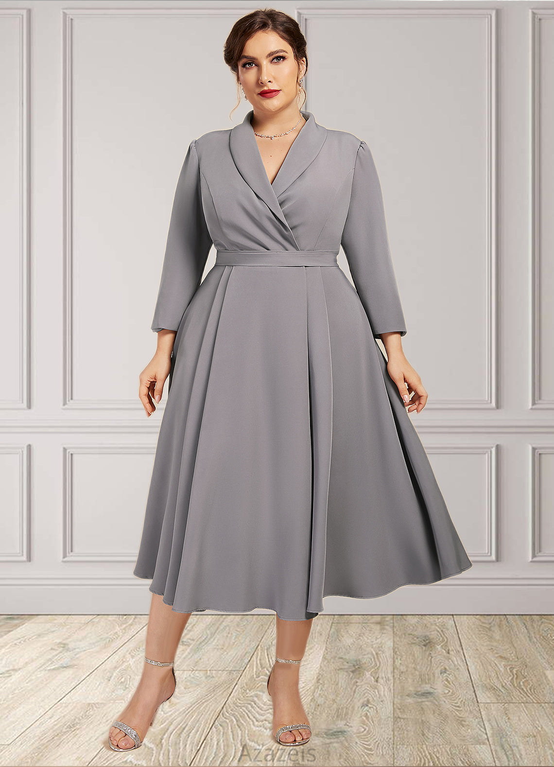 Gina A-Line V-neck Tea-Length Stretch Crepe Mother of the Bride Dress DF126P0014844