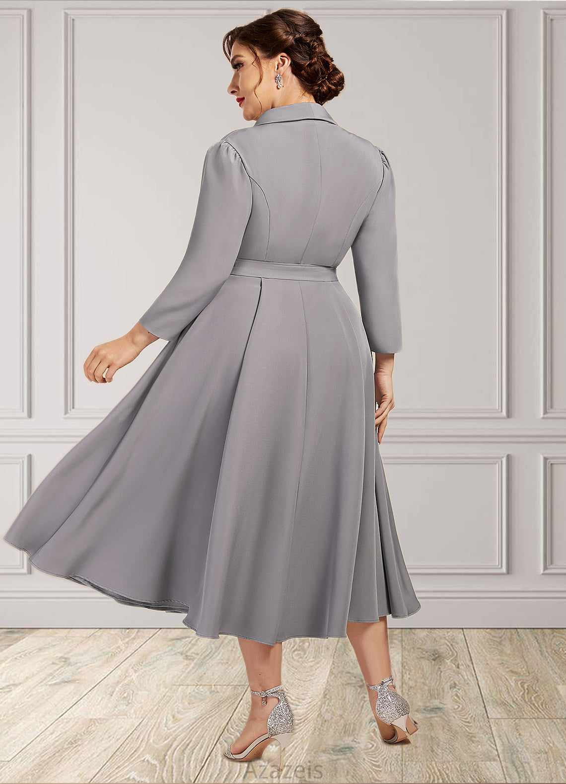 Gina A-Line V-neck Tea-Length Stretch Crepe Mother of the Bride Dress DF126P0014844