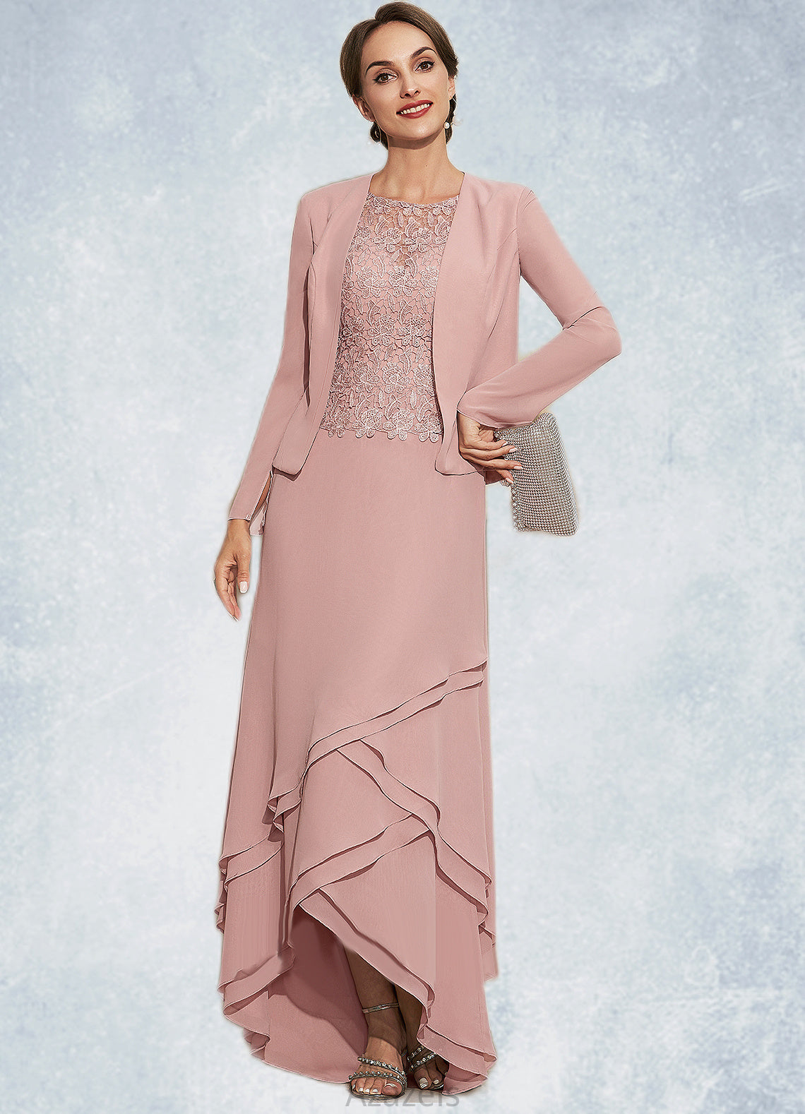 Ashlynn A-Line Scoop Neck Asymmetrical Chiffon Lace Mother of the Bride Dress With Cascading Ruffles DF126P0014845