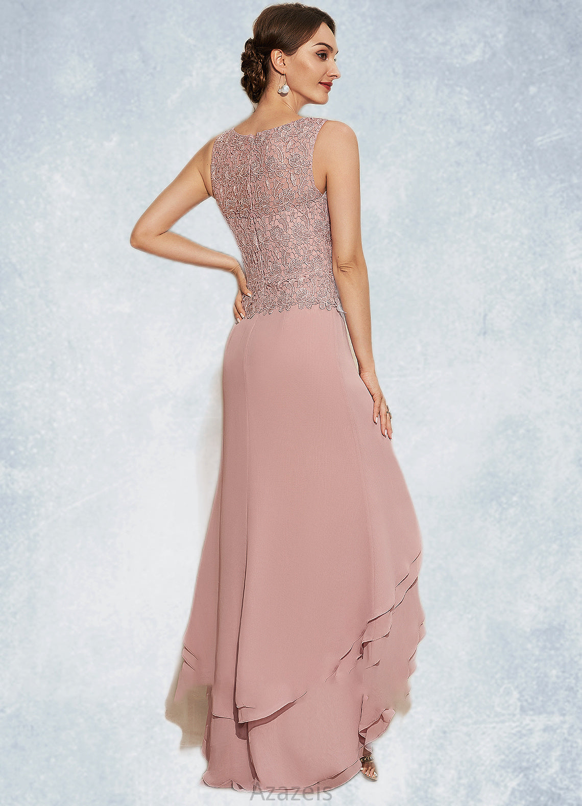 Ashlynn A-Line Scoop Neck Asymmetrical Chiffon Lace Mother of the Bride Dress With Cascading Ruffles DF126P0014845