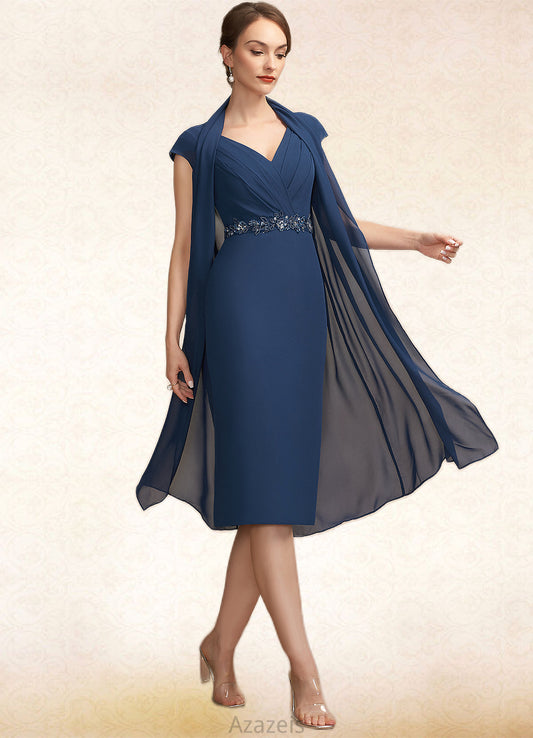 Kelsie Sheath/Column V-neck Knee-Length Chiffon Mother of the Bride Dress With Ruffle Beading Sequins DF126P0014847