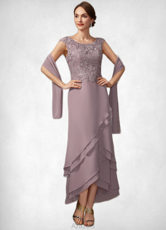 Izabelle A-Line Scoop Neck Asymmetrical Chiffon Lace Mother of the Bride Dress With Cascading Ruffles DF126P0014850