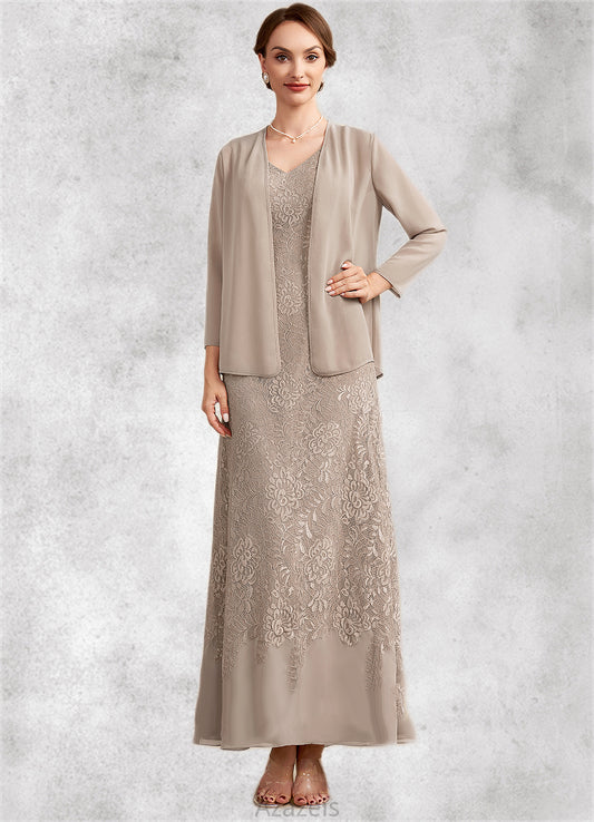 Elizabeth A-Line V-neck Ankle-Length Chiffon Lace Mother of the Bride Dress DF126P0014851