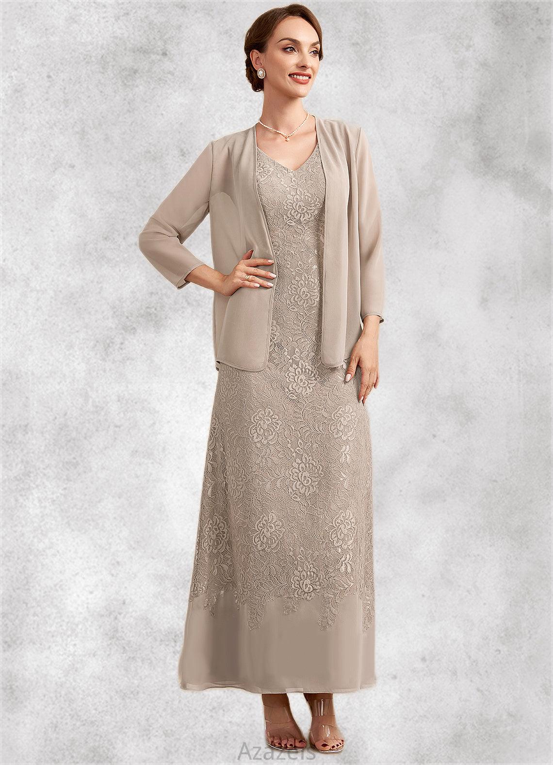 Elizabeth A-Line V-neck Ankle-Length Chiffon Lace Mother of the Bride Dress DF126P0014851