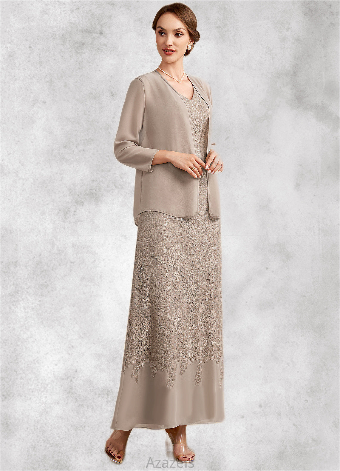 Elizabeth A-Line V-neck Ankle-Length Chiffon Lace Mother of the Bride Dress DF126P0014851