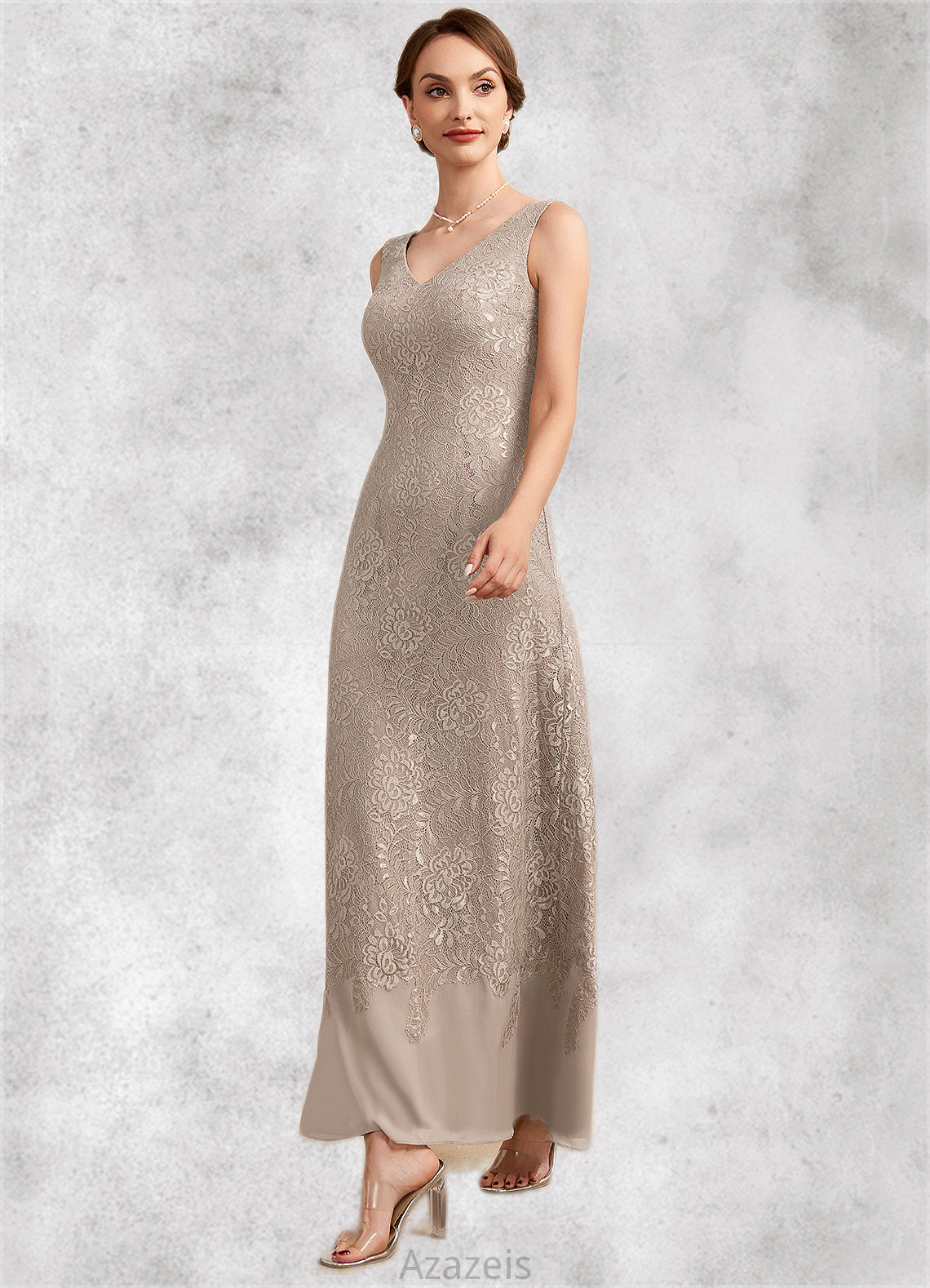 Elizabeth A-Line V-neck Ankle-Length Chiffon Lace Mother of the Bride Dress DF126P0014851