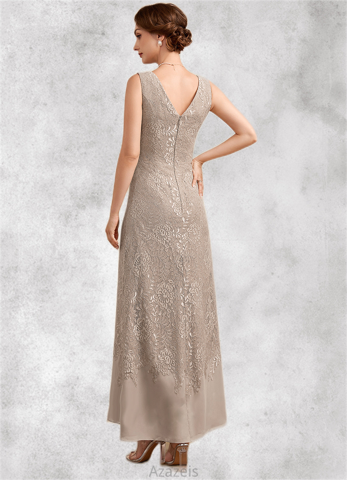 Elizabeth A-Line V-neck Ankle-Length Chiffon Lace Mother of the Bride Dress DF126P0014851