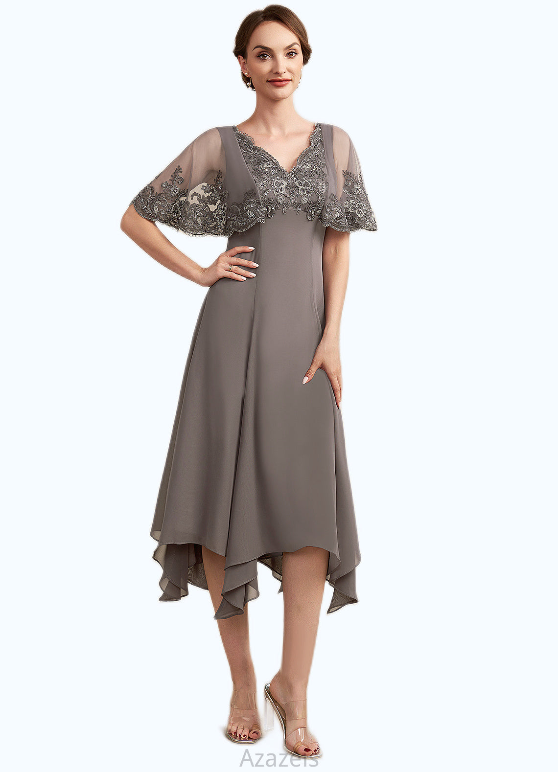 Arielle A-Line V-neck Tea-Length Chiffon Lace Mother of the Bride Dress With Beading Sequins DF126P0014852