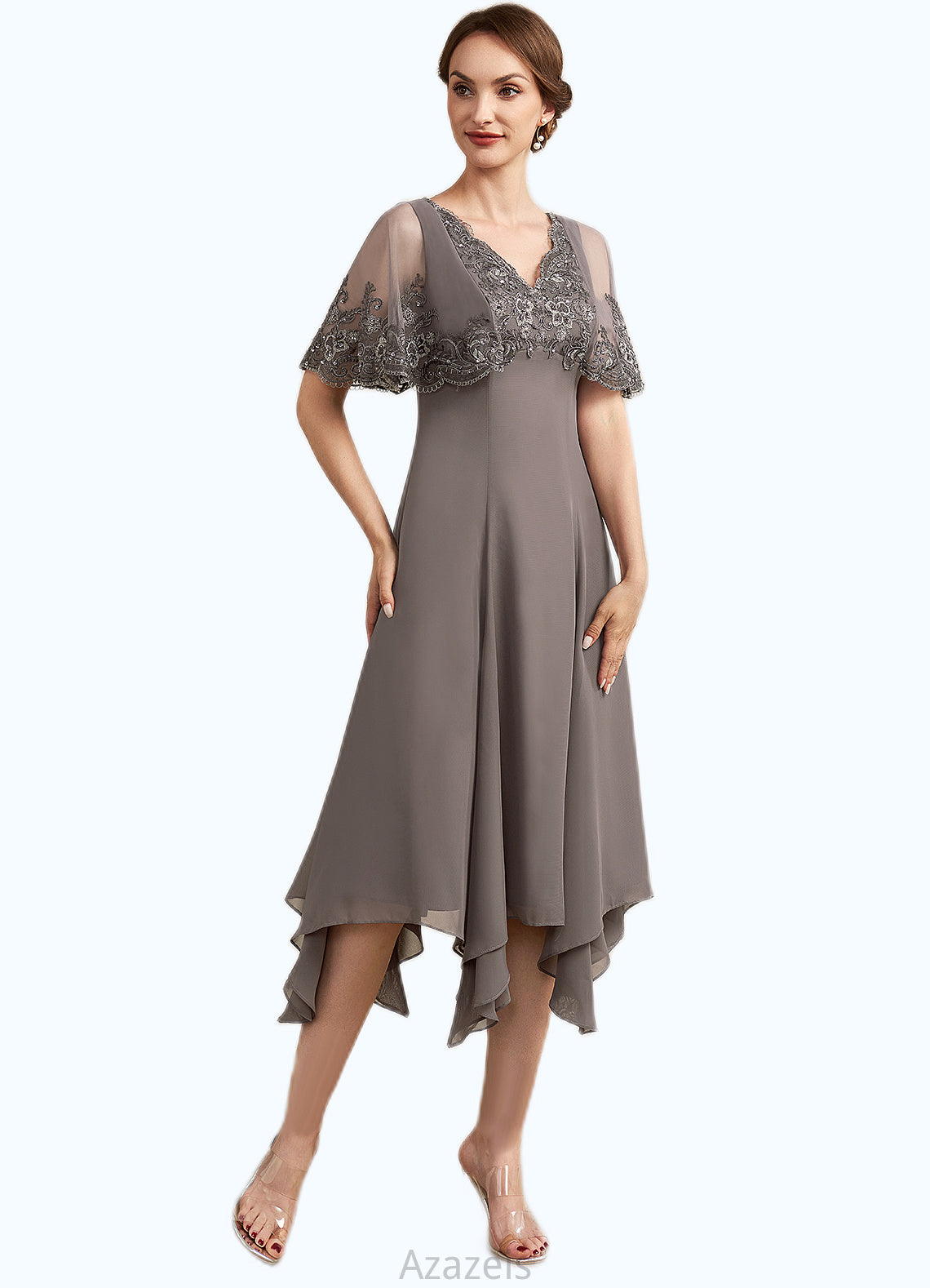 Arielle A-Line V-neck Tea-Length Chiffon Lace Mother of the Bride Dress With Beading Sequins DF126P0014852