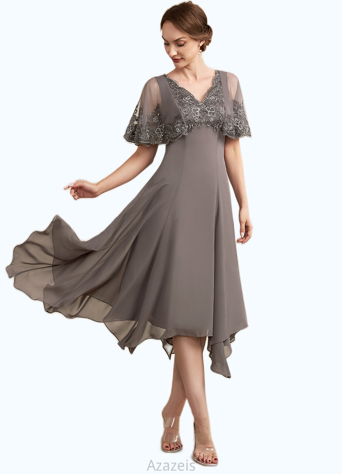 Arielle A-Line V-neck Tea-Length Chiffon Lace Mother of the Bride Dress With Beading Sequins DF126P0014852