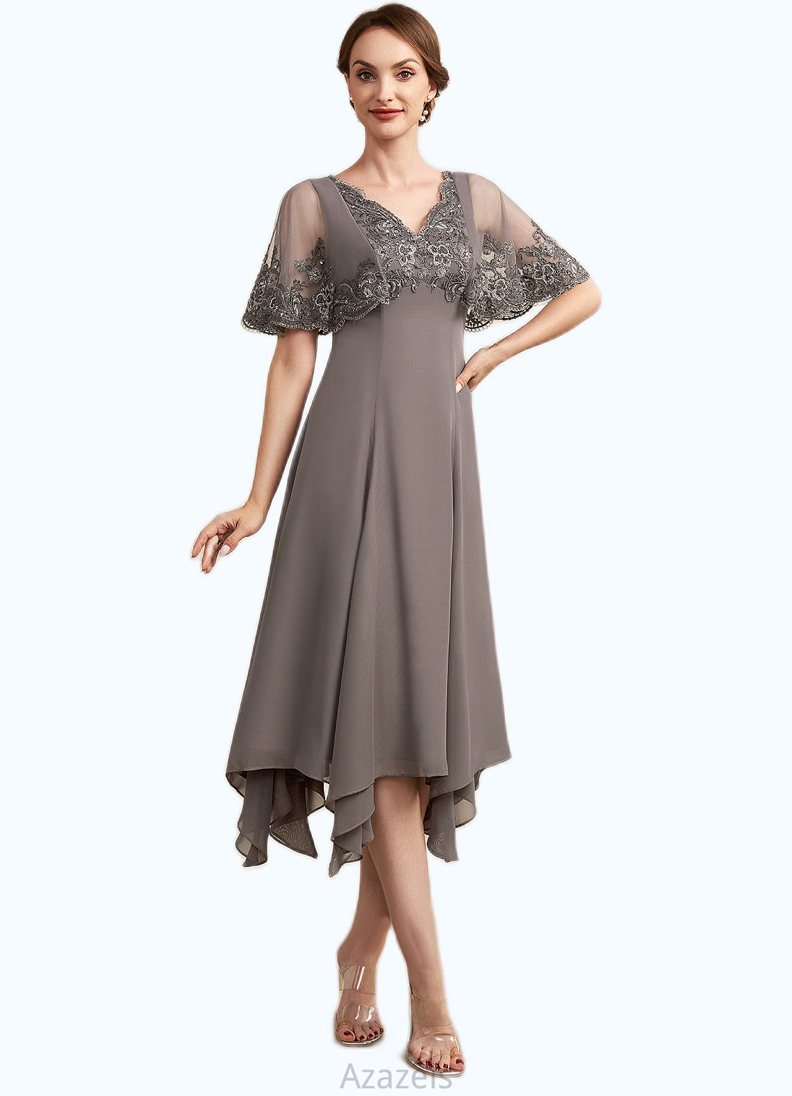 Arielle A-Line V-neck Tea-Length Chiffon Lace Mother of the Bride Dress With Beading Sequins DF126P0014852