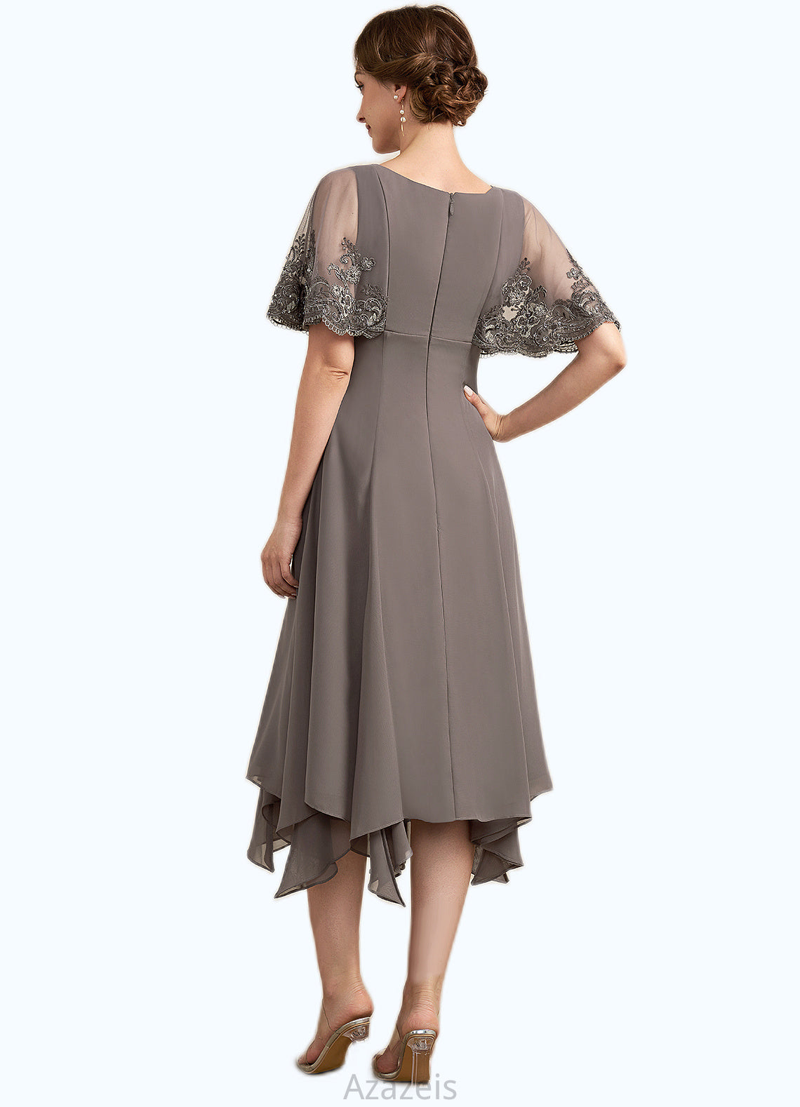 Arielle A-Line V-neck Tea-Length Chiffon Lace Mother of the Bride Dress With Beading Sequins DF126P0014852