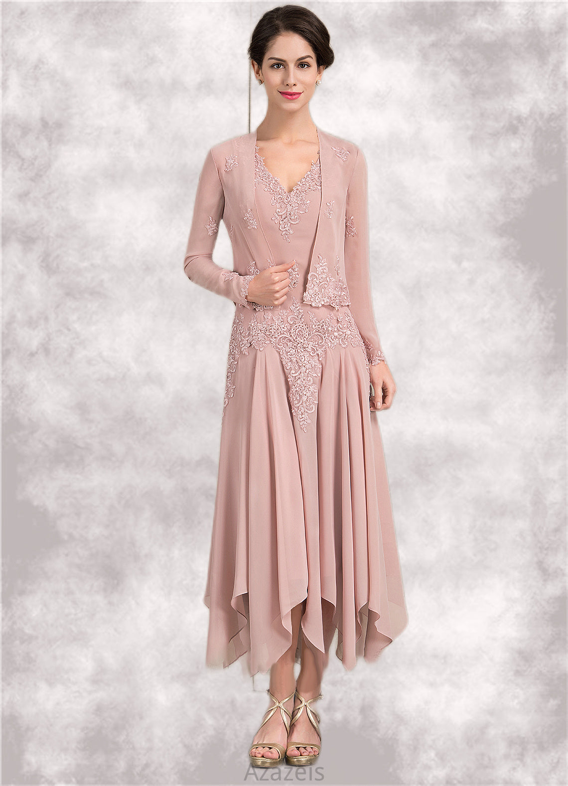 Katelyn A-Line V-neck Ankle-Length Chiffon Mother of the Bride Dress With Appliques Lace Sequins DF126P0014855