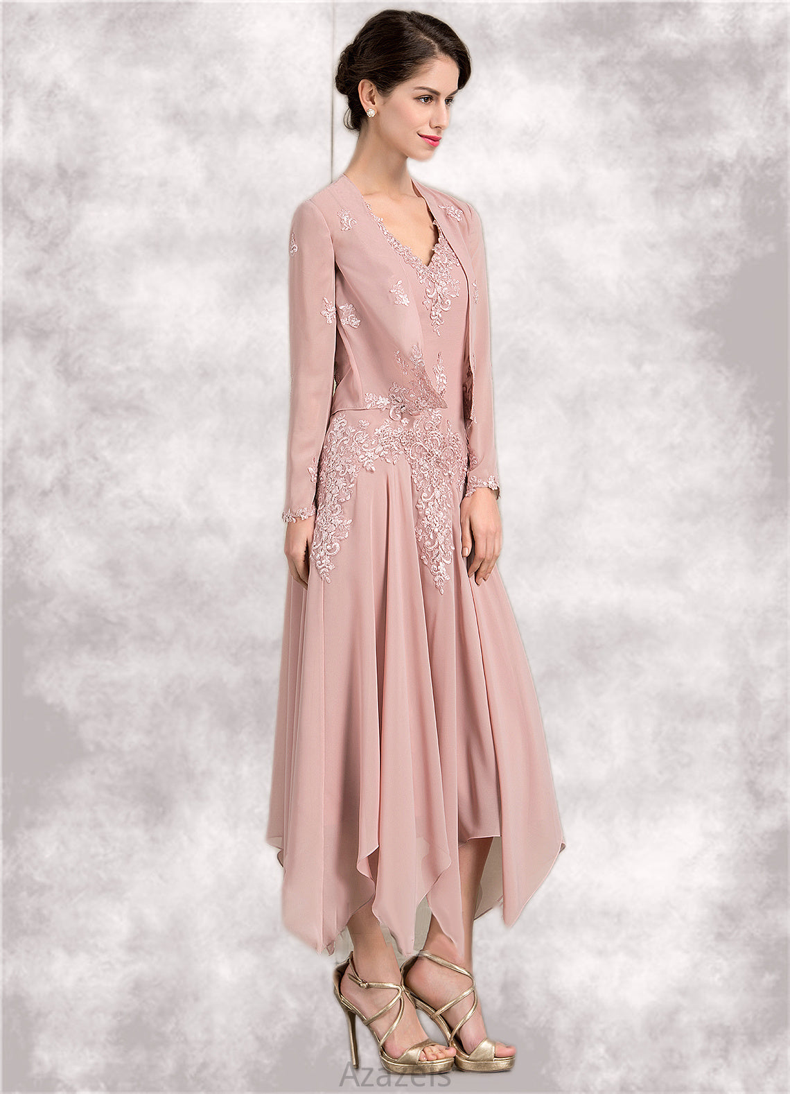 Katelyn A-Line V-neck Ankle-Length Chiffon Mother of the Bride Dress With Appliques Lace Sequins DF126P0014855