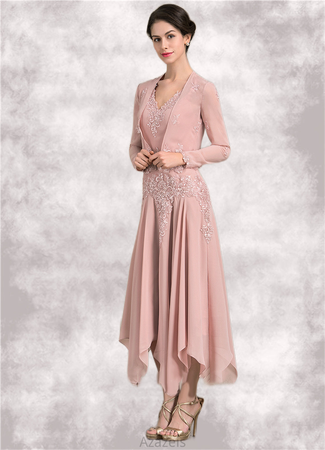 Katelyn A-Line V-neck Ankle-Length Chiffon Mother of the Bride Dress With Appliques Lace Sequins DF126P0014855