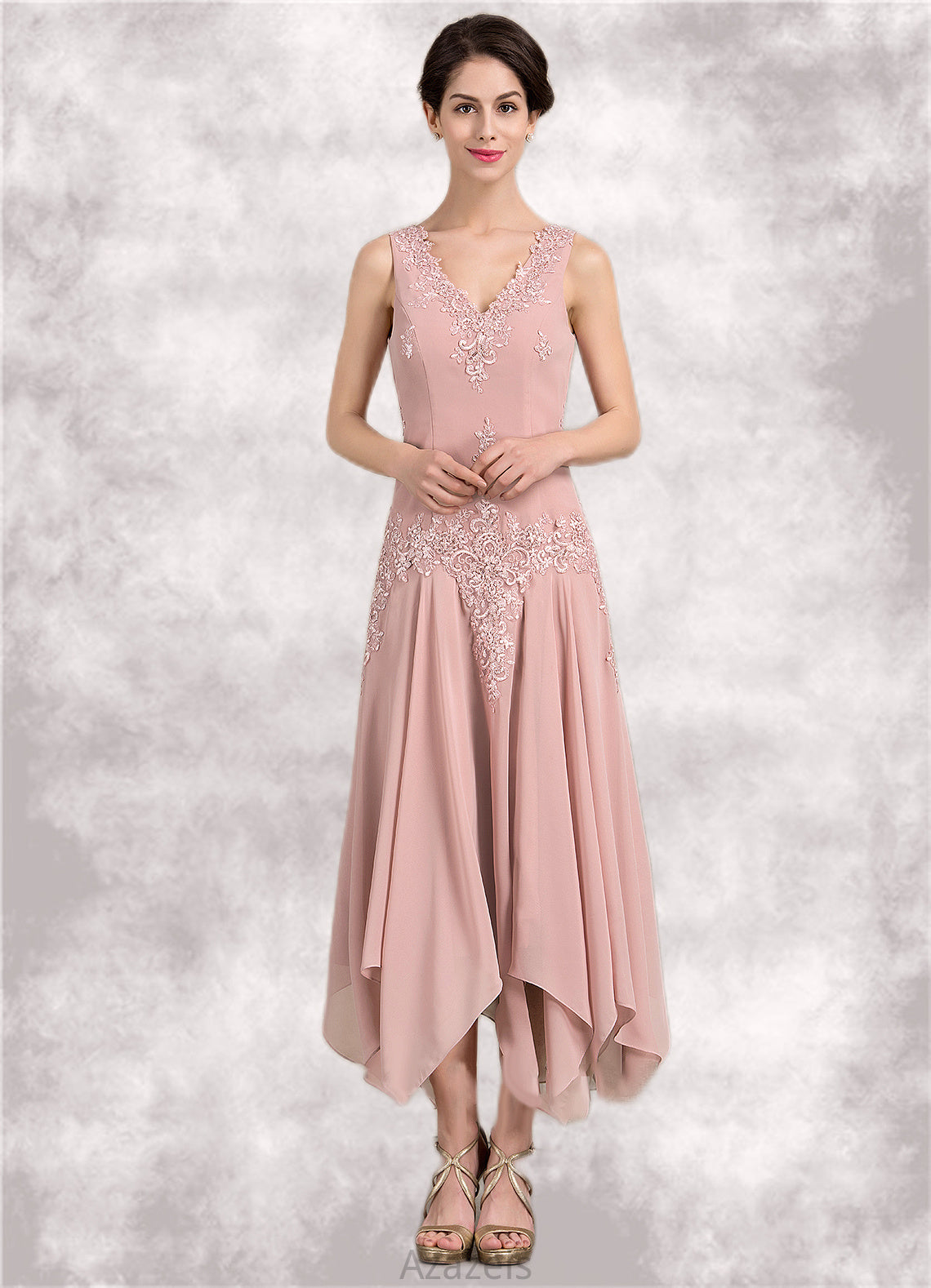 Katelyn A-Line V-neck Ankle-Length Chiffon Mother of the Bride Dress With Appliques Lace Sequins DF126P0014855