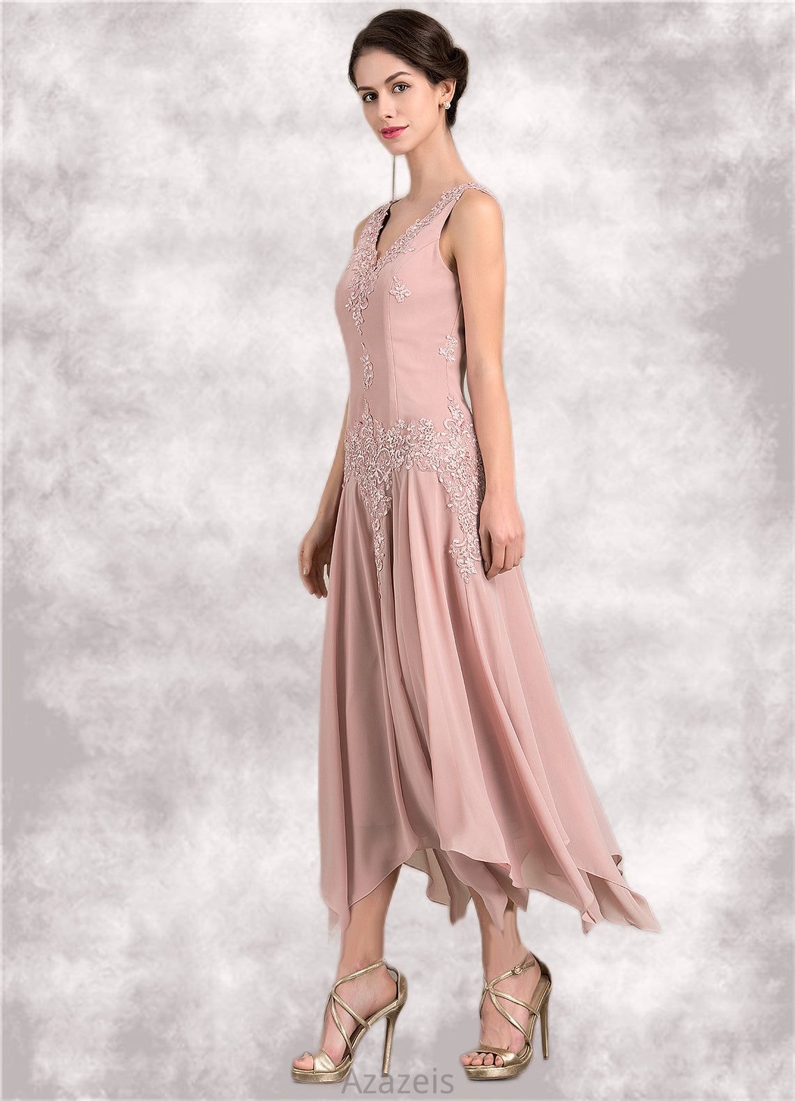 Katelyn A-Line V-neck Ankle-Length Chiffon Mother of the Bride Dress With Appliques Lace Sequins DF126P0014855