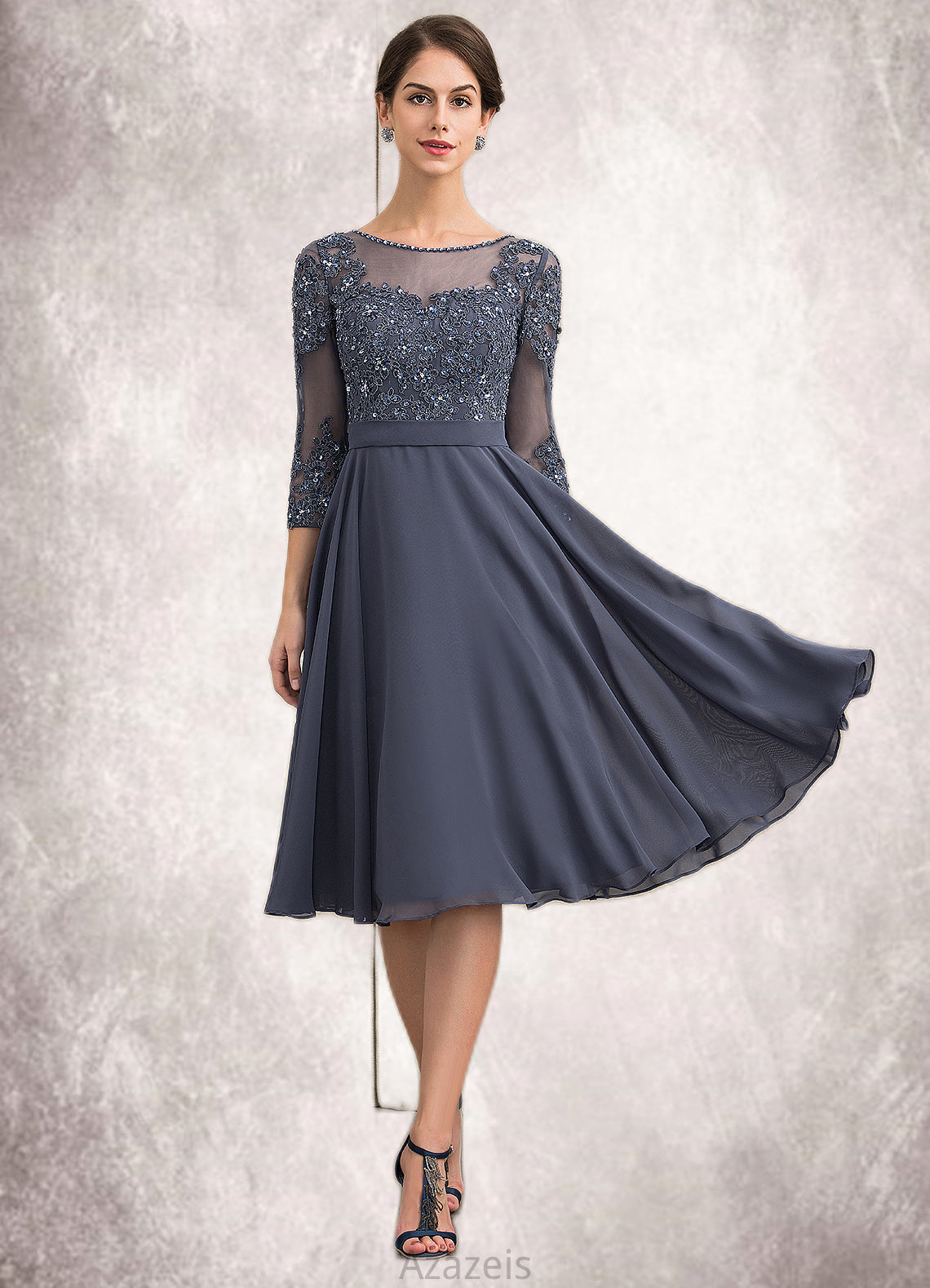 Cherish A-Line Scoop Neck Knee-Length Chiffon Lace Mother of the Bride Dress With Beading Sequins DF126P0014861