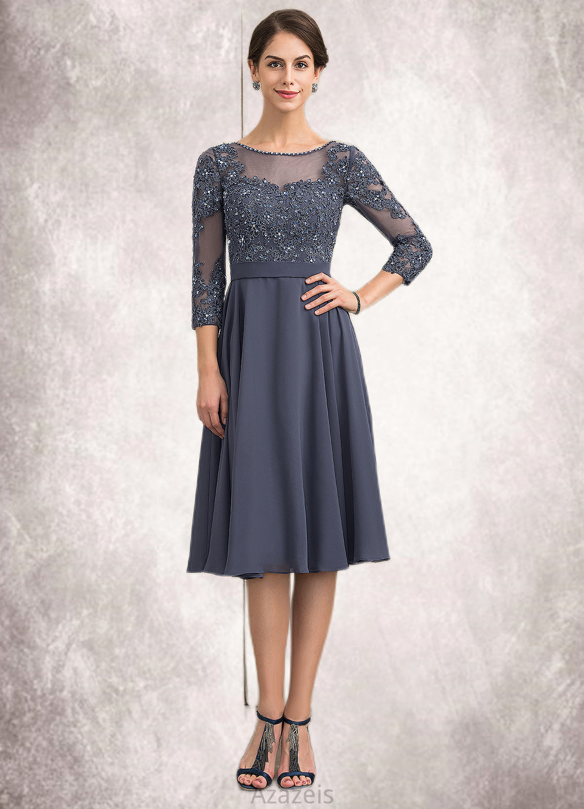 Cherish A-Line Scoop Neck Knee-Length Chiffon Lace Mother of the Bride Dress With Beading Sequins DF126P0014861