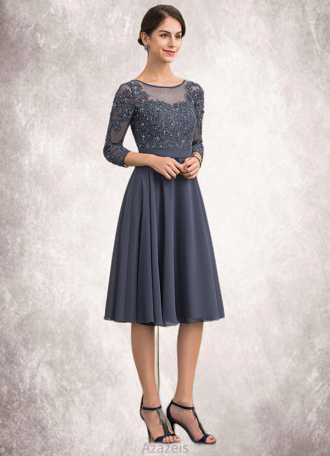 Cherish A-Line Scoop Neck Knee-Length Chiffon Lace Mother of the Bride Dress With Beading Sequins DF126P0014861