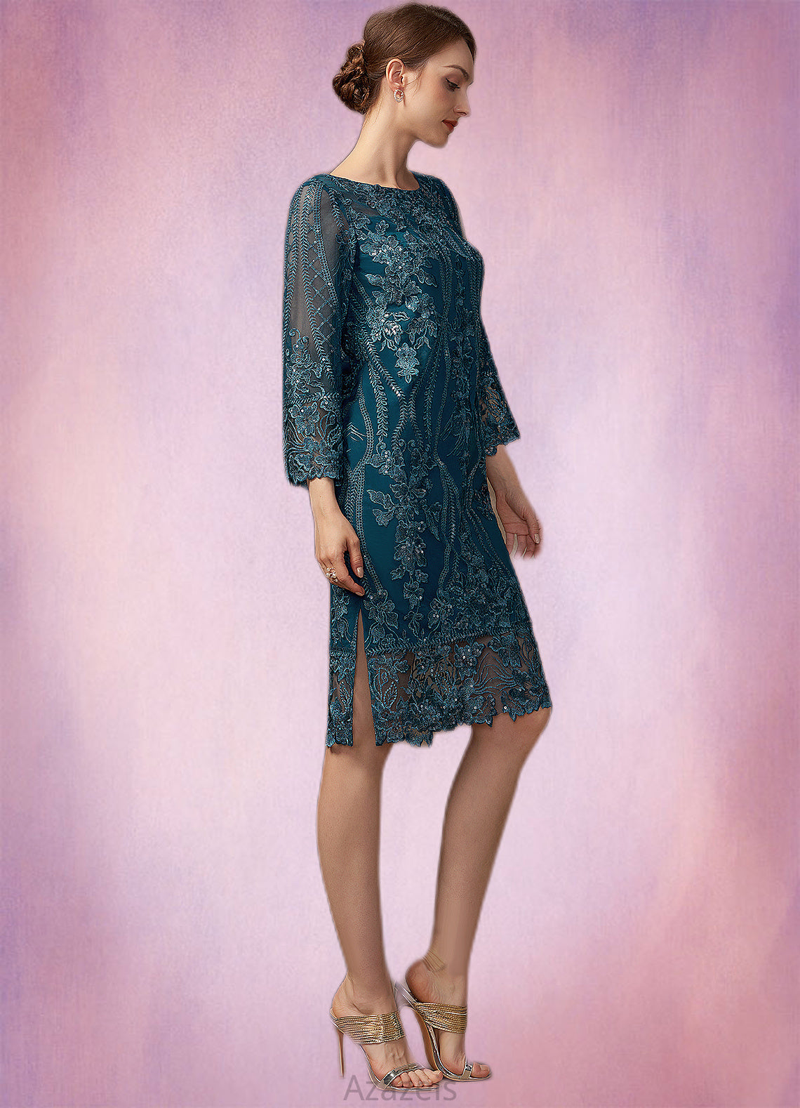 Jill Sheath/Column Scoop Neck Knee-Length Lace Mother of the Bride Dress With Sequins DF126P0014867