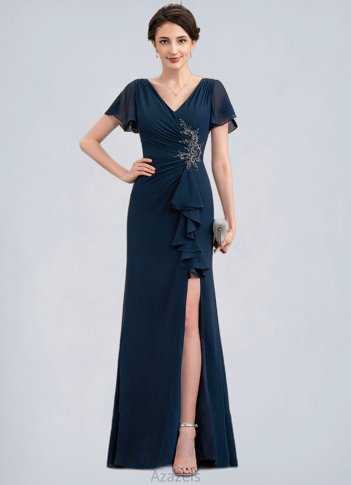 Paisley Sheath/Column V-neck Floor-Length Chiffon Mother of the Bride Dress With Beading Split Front Cascading Ruffles DF126P0014868