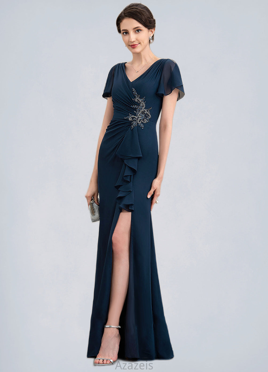 Paisley Sheath/Column V-neck Floor-Length Chiffon Mother of the Bride Dress With Beading Split Front Cascading Ruffles DF126P0014868