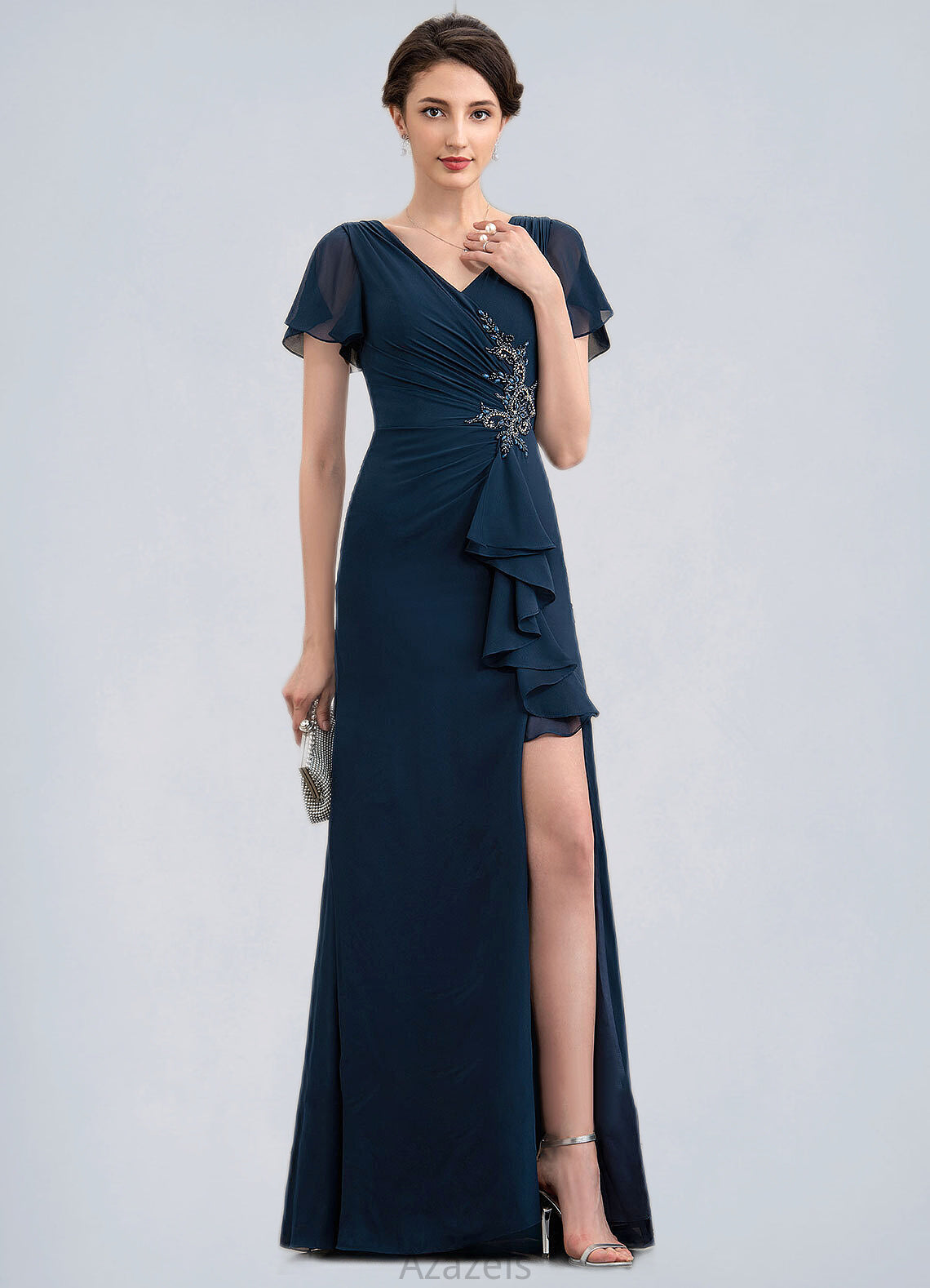 Paisley Sheath/Column V-neck Floor-Length Chiffon Mother of the Bride Dress With Beading Split Front Cascading Ruffles DF126P0014868