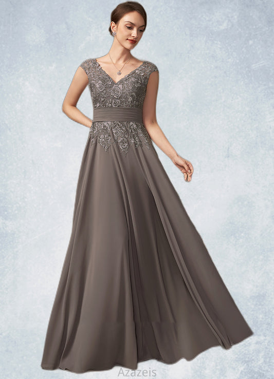 Aubrie A-Line V-neck Floor-Length Chiffon Lace Mother of the Bride Dress With Ruffle Sequins DF126P0014870