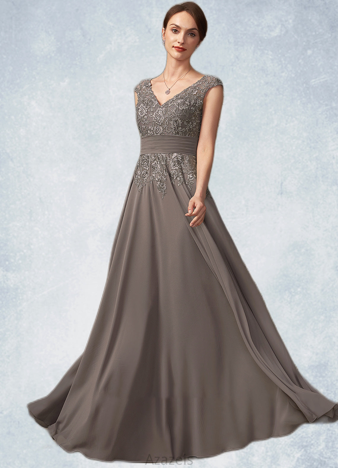 Aubrie A-Line V-neck Floor-Length Chiffon Lace Mother of the Bride Dress With Ruffle Sequins DF126P0014870