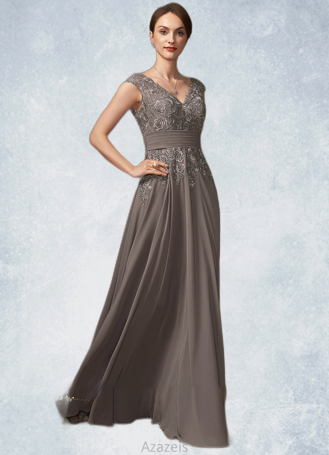 Aubrie A-Line V-neck Floor-Length Chiffon Lace Mother of the Bride Dress With Ruffle Sequins DF126P0014870