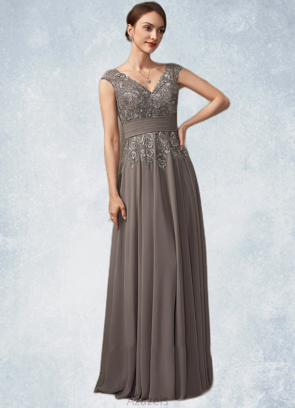 Aubrie A-Line V-neck Floor-Length Chiffon Lace Mother of the Bride Dress With Ruffle Sequins DF126P0014870