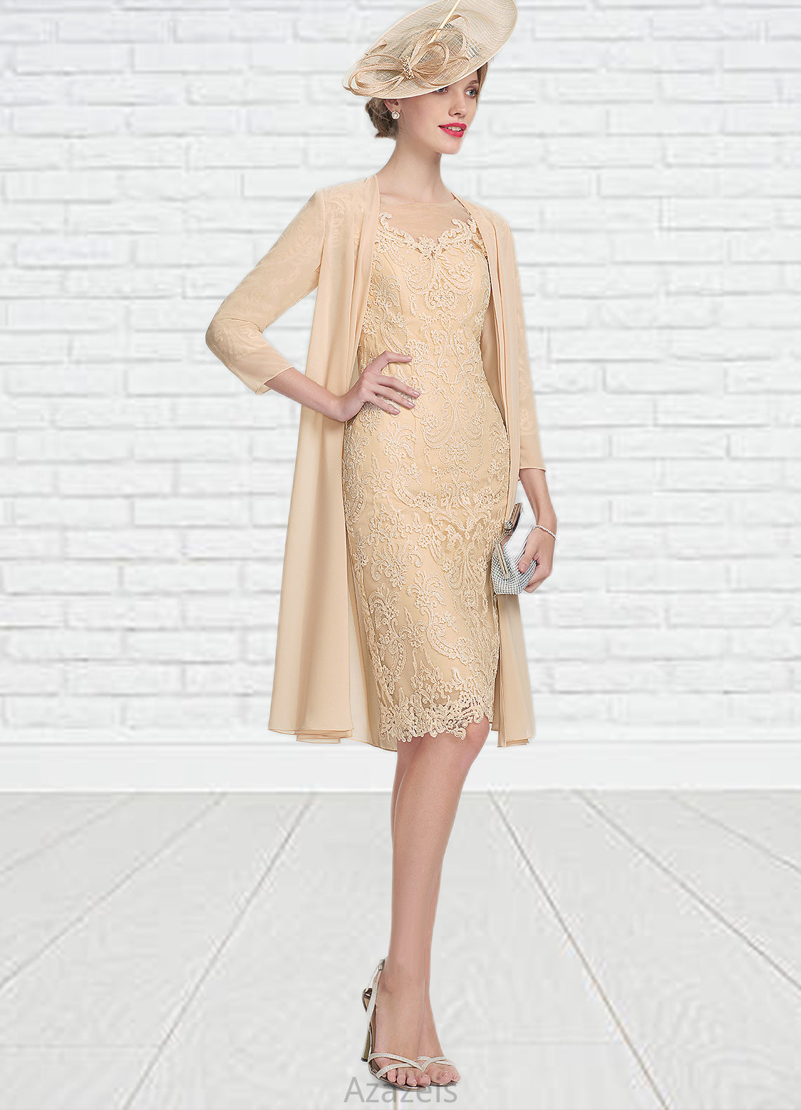 Paisley Sheath/Column Scoop Neck Knee-Length Lace Mother of the Bride Dress With Beading Sequins DF126P0014874