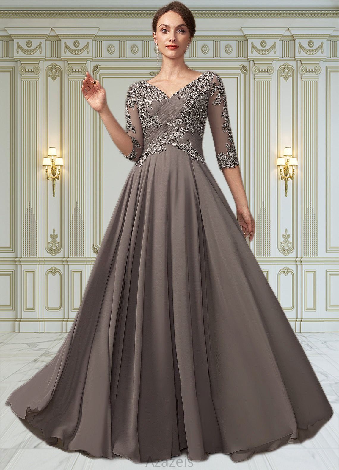 Ariella A-Line V-neck Floor-Length Chiffon Lace Mother of the Bride Dress With Beading Sequins DF126P0014876