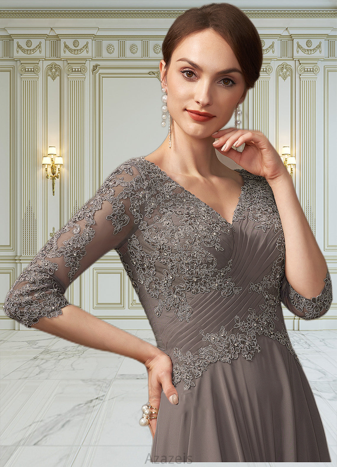 Ariella A-Line V-neck Floor-Length Chiffon Lace Mother of the Bride Dress With Beading Sequins DF126P0014876