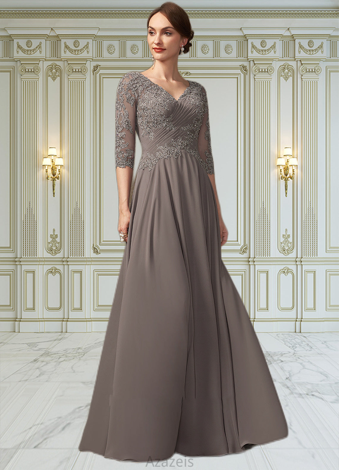 Ariella A-Line V-neck Floor-Length Chiffon Lace Mother of the Bride Dress With Beading Sequins DF126P0014876