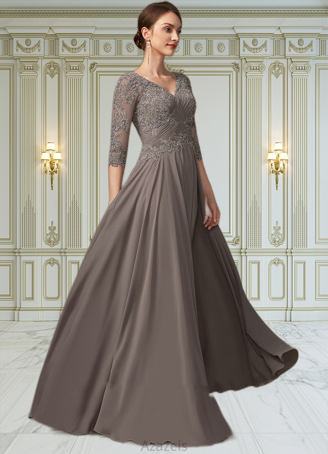 Ariella A-Line V-neck Floor-Length Chiffon Lace Mother of the Bride Dress With Beading Sequins DF126P0014876