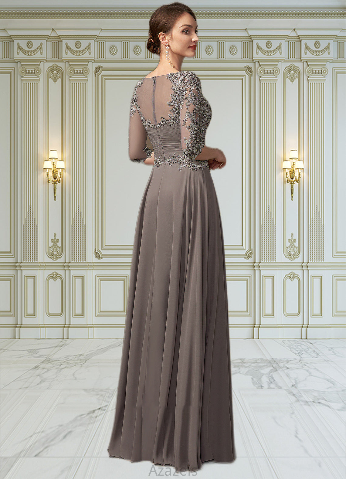 Ariella A-Line V-neck Floor-Length Chiffon Lace Mother of the Bride Dress With Beading Sequins DF126P0014876