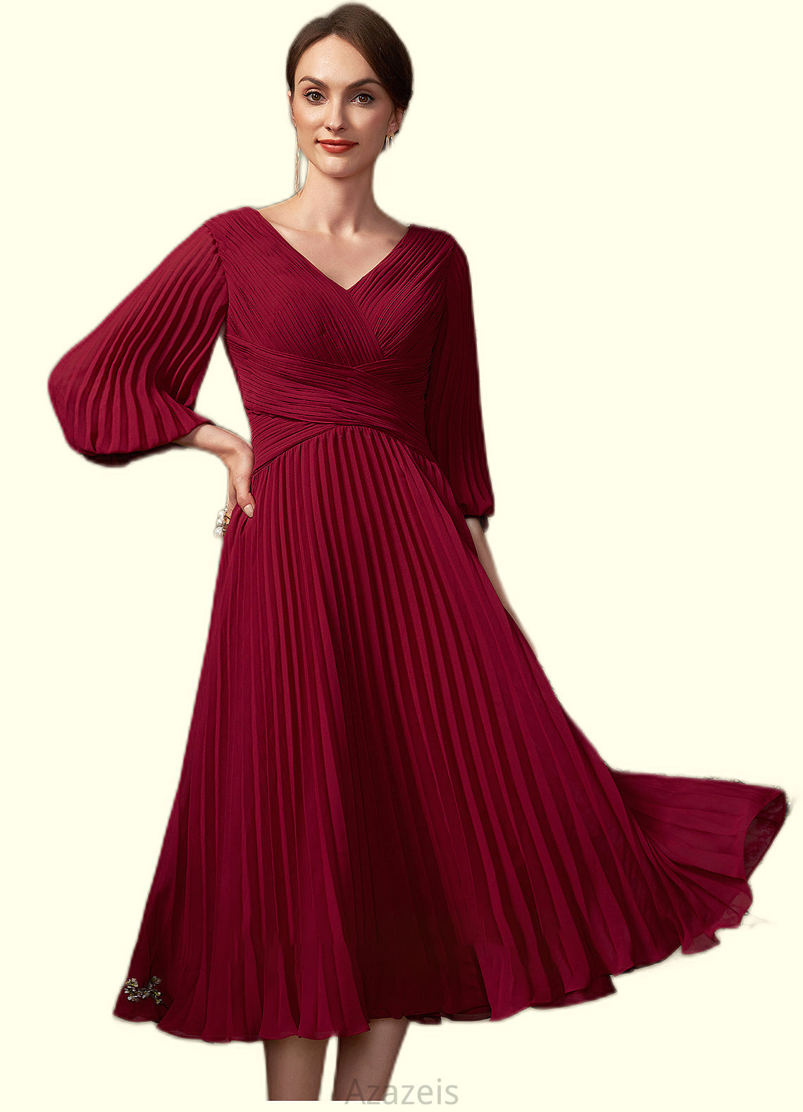 Elsa A-Line V-neck Tea-Length Chiffon Mother of the Bride Dress With Pleated DF126P0014878