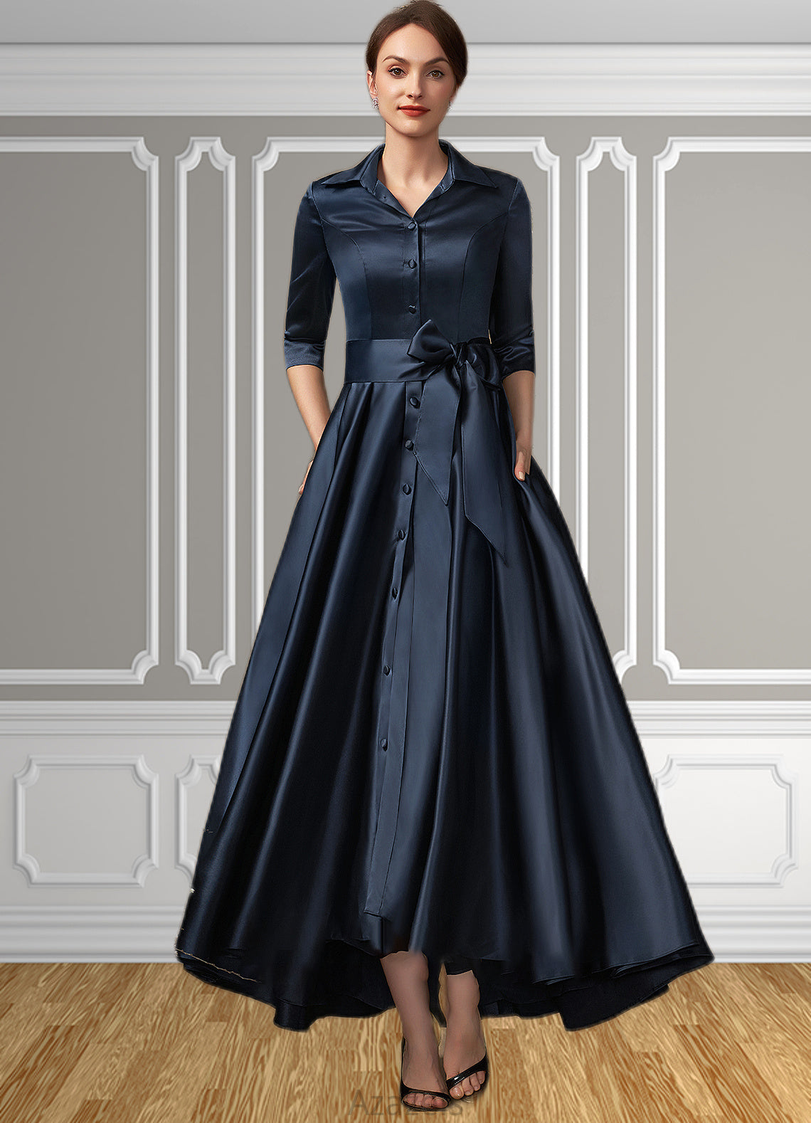 Chana A-Line V-neck Asymmetrical Satin Mother of the Bride Dress With Bow(s) Pockets DF126P0014879