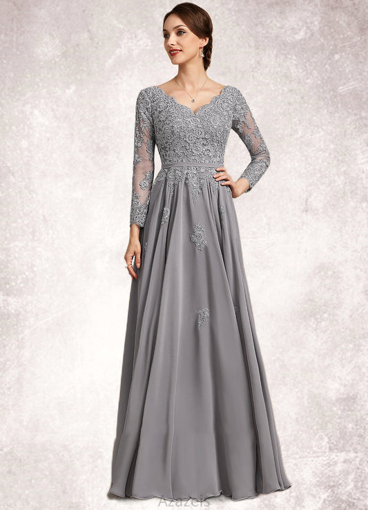 Stella A-Line V-neck Floor-Length Chiffon Lace Mother of the Bride Dress DF126P0014881