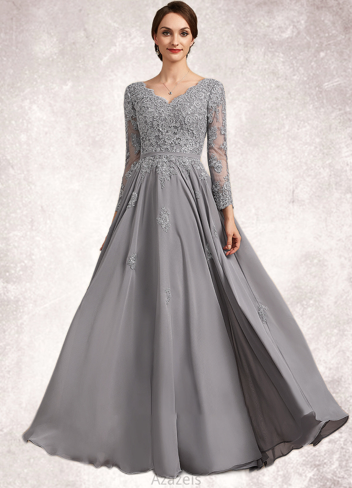 Stella A-Line V-neck Floor-Length Chiffon Lace Mother of the Bride Dress DF126P0014881