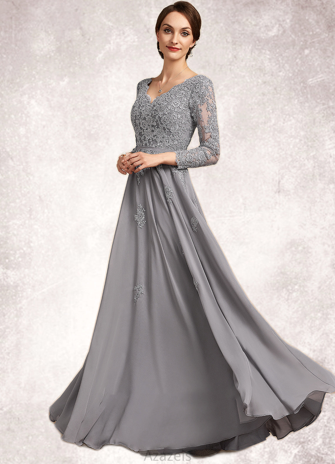 Stella A-Line V-neck Floor-Length Chiffon Lace Mother of the Bride Dress DF126P0014881