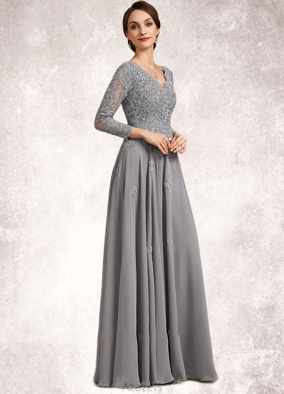 Stella A-Line V-neck Floor-Length Chiffon Lace Mother of the Bride Dress DF126P0014881